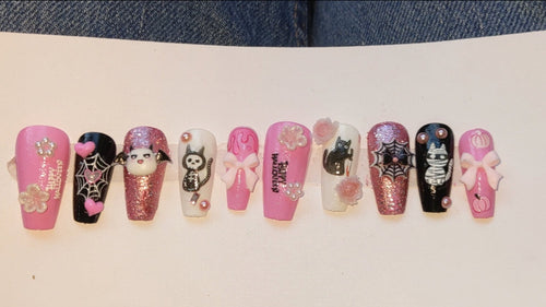 Pink Halloween cat press on nails set