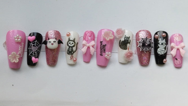 Pink Halloween cat press on nails set